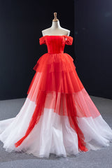 Red and White off the Shoulder Tired Prom Dress, Puffy Formal Party Dresses