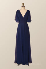 Flare Sleeves Navy Blue Chiffon Long Bridesmaid Dress