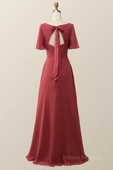 Flare Sleeves Terracotta Empire Chiffon Long Bridesmaid Dress