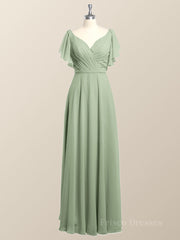 Flutter Sleeves Sage Green Chiffon A-line Long Bridesmaid Dress