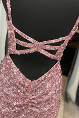 Gorgeous Mermaid V Neck Straps Pearl Pink Sequin Long Prom Dress, Prom Outfits With Slit