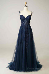 Fuchsia Dark Navy A-line Spaghetti Straps Tulle Lace Boning Long Prom Dress
