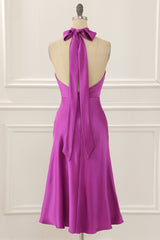 Fuchsia Satin Halter Short Simple Prom Dress