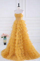 Gold Strapless Sequin Ruffle Layered Long Prom Dress