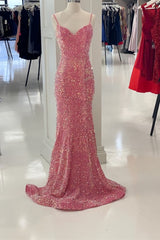 Glitter Pink Sequin Mermaid Long Formal Dress