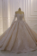 Gorgeous Long Sleeve Off the Shoulder Appliques Lace Ball Gown Wedding Dress