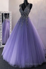 Gorgeous V Neck Beaded Purple Tulle Long Prom Dress, V Neck Purple Formal Evening Dress, Purple Ball Gown