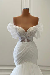 Gorgeous White Long Mermaid Off the Shoulder Tulle Wedding Dress