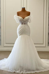 Gorgeous White Long Mermaid Off the Shoulder Tulle Wedding Dress