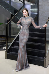 Gray Long Sleeve Mermaid Prom Dresses With Sequins High-Neck Prom Dresses