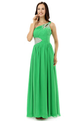Green One Shoulder Chiffon With Crystal Pleats Bridesmaid Dresses