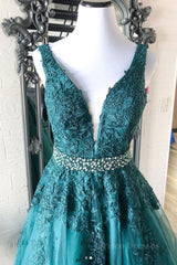 Green v neck tulle lace long prom dress, green formal dress