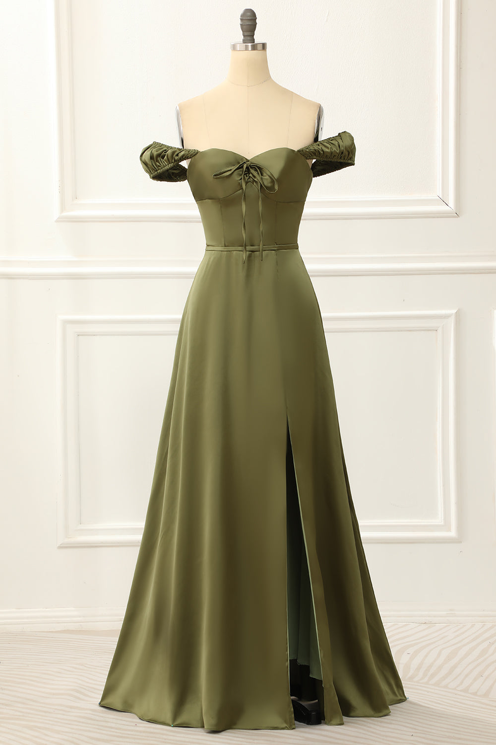 Green Off Shoulder Satin Simple Prom Dress