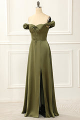 Green Off Shoulder Satin Simple Prom Dress