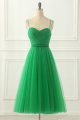 Green Spaghetti Straps Tulle Prom Dress With Sash