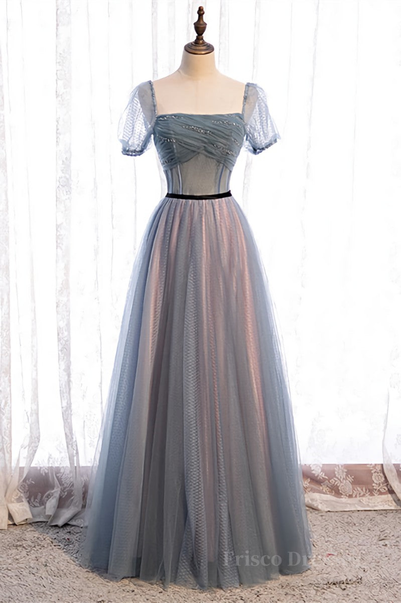 Grey A-line Pleated Beaded Illusion Sleeves Textured Tulle Maxi Formal Dress
