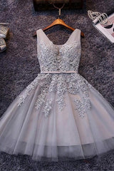 Grey Lace-up Tulle Short Homecoming Dress with Lace Appliques