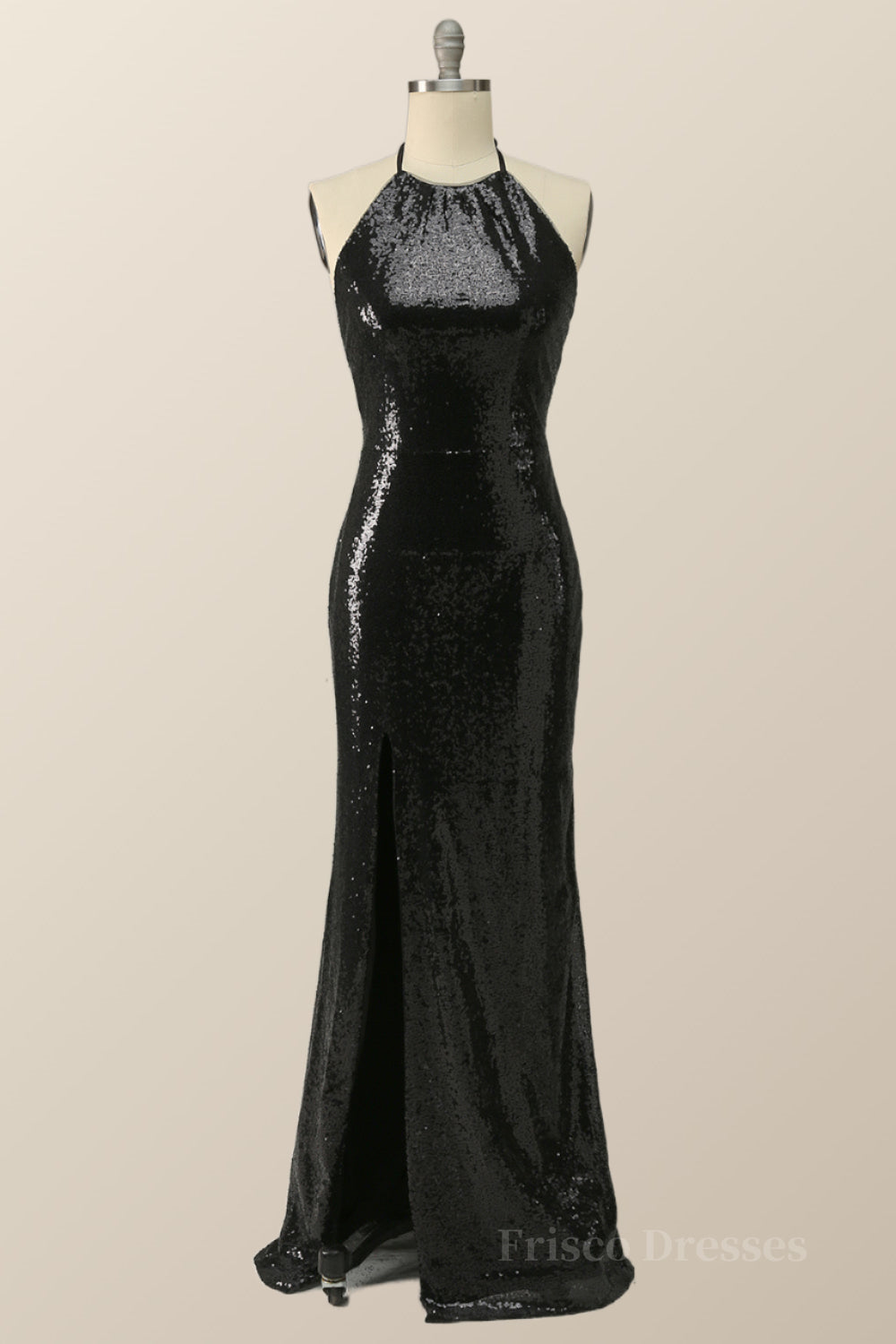 Halter Black Sequin Mermaid Long Formal Dress