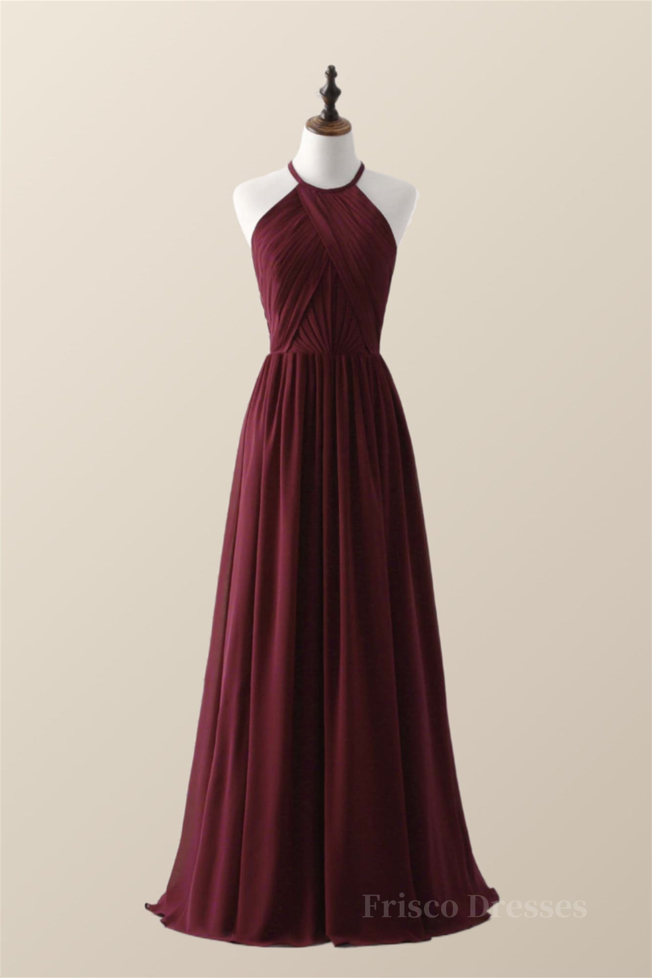 Halter Burgundy Pleated Long Bridesmaid Dress
