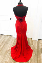 Halter Red Mermaid Long Prom Dresses Lace Appliques