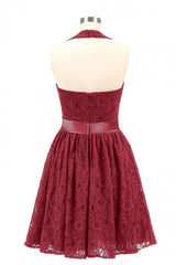Halter Wine Red Lace Short A-line Bridesmaid Dress