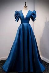 Blue V Neck Satin Short Sleeves Long Prom Dress Blue Satin Evening Dress