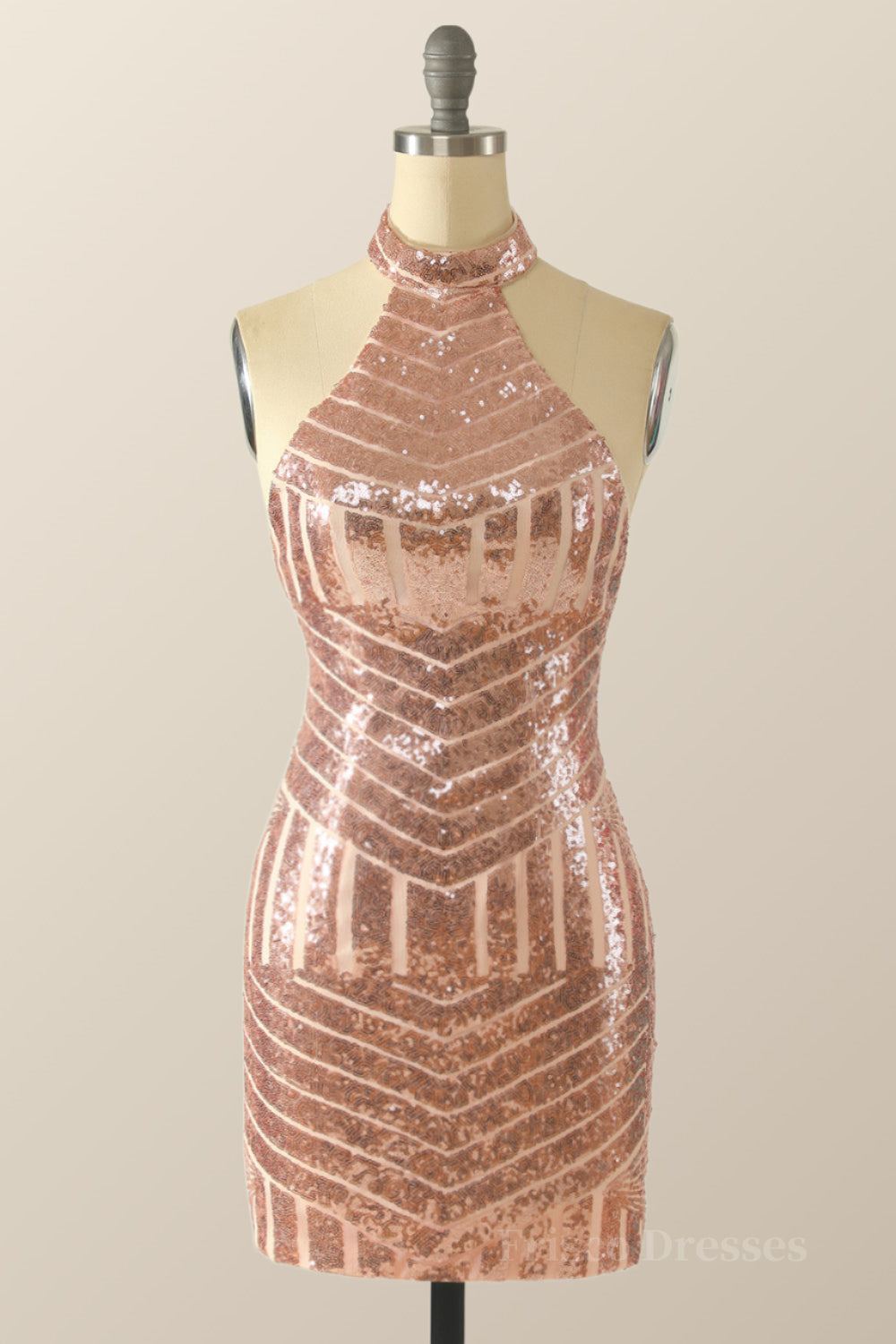 High Neck Rose Gold Sequin Tight Mini Dress