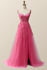 Hot Pink Lace Appliques A-line Long Formal Gown