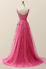Hot Pink Lace Appliques A-line Long Formal Gown