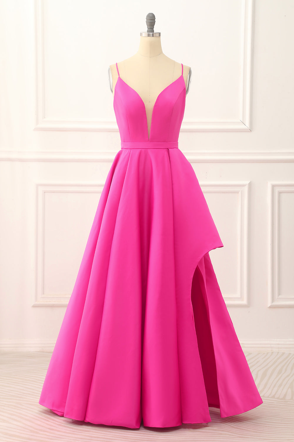 Hot Pink A Line Satin Prom Dress With Slit