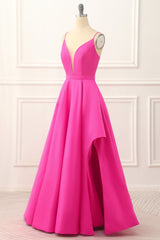 Hot Pink A Line Satin Prom Dress With Slit