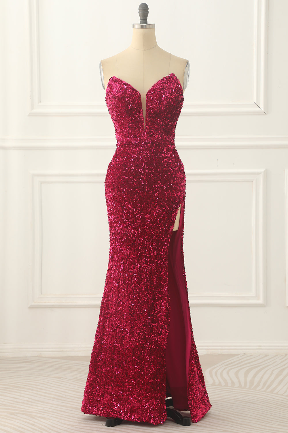 Hot Pink Sequin Mermaid Prom Dress With Split Front