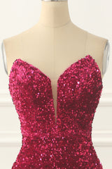Hot Pink Sequin Mermaid Prom Dress With Split Front