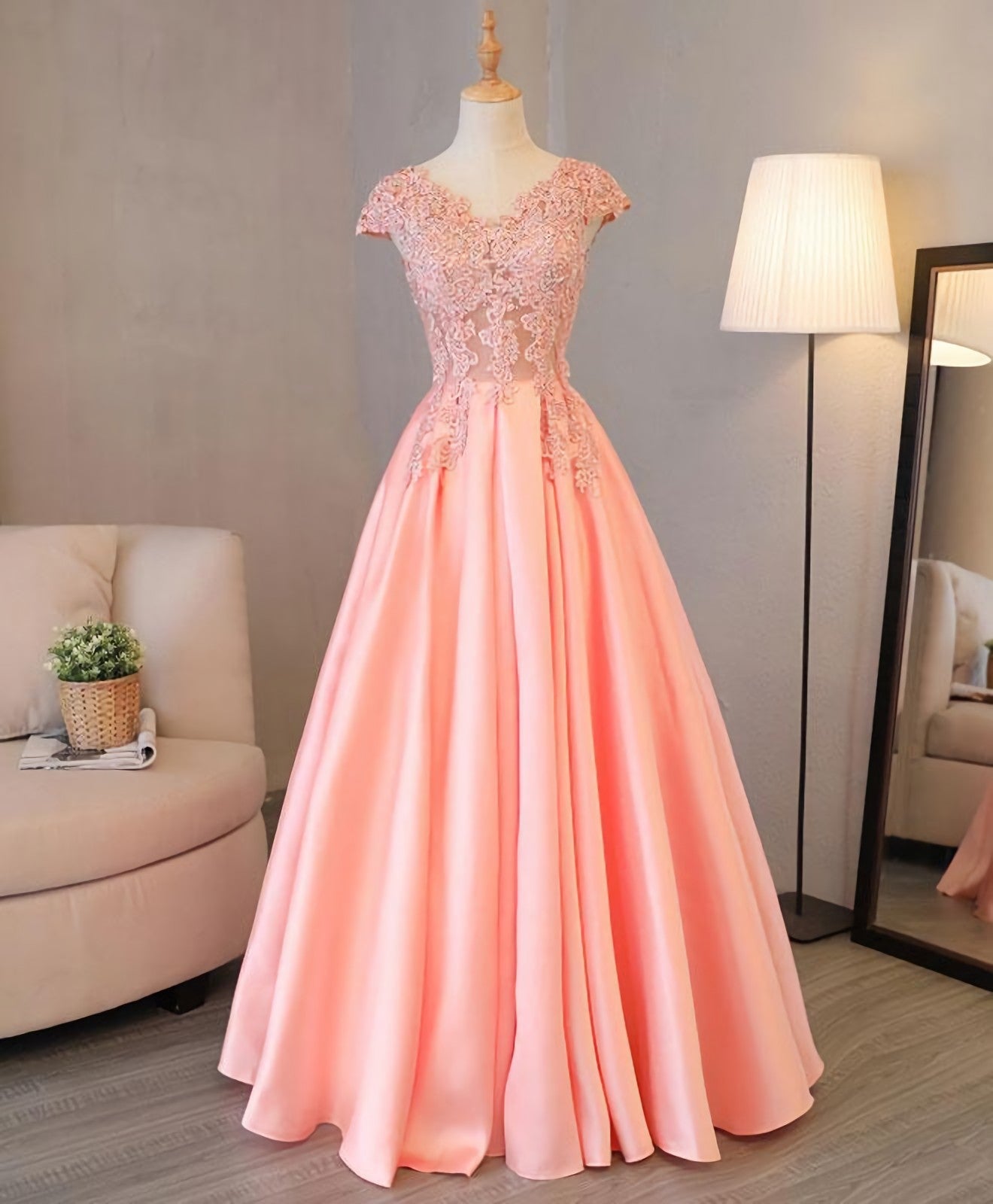 Custom Made V Neck Lace Long Prom Dress, Lace Evening Dress