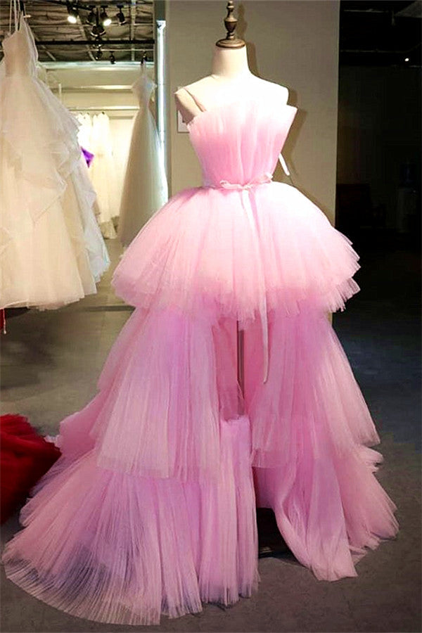 Latest High Low A-line Strapless Tulle Pink Formal Prom Dresses