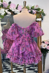 Lavender & Fuchsia Off-the-Shoulder Ruffles Homecoming Dress
