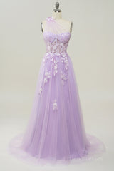 Lavender One Shoulder Appliques Long Formal Dress