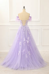 Lavender Off Shoulder Appliques Prom Dress With Feathers