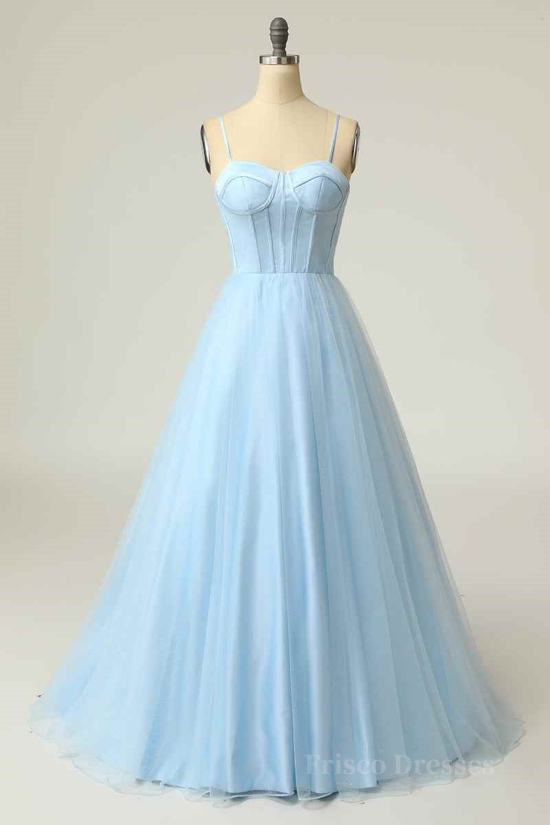 Light Blue A-line Boning Adjustable Spaghetti Straps Tulle Long Prom Dress