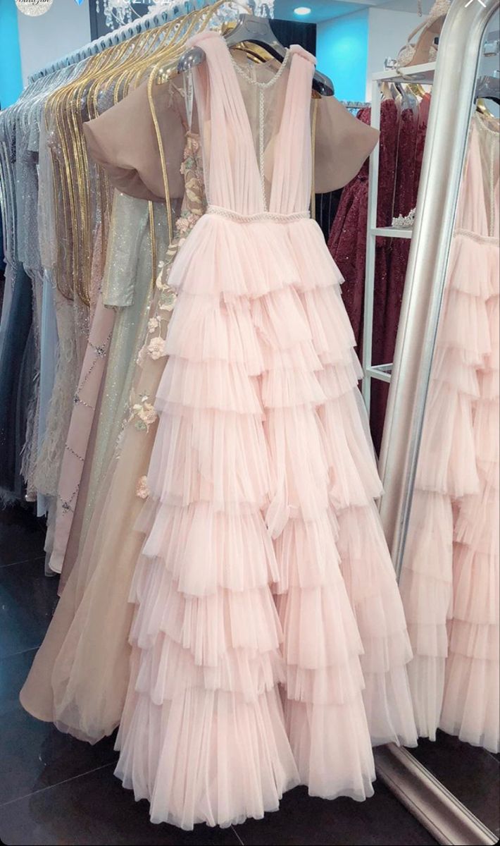 Light Pink V-Neck Ruffles Prom Dress