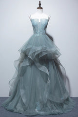 Gray Spaghetti Straps Tulle Princess Formal Evening Party Dresses Long Formal Prom Dresses
