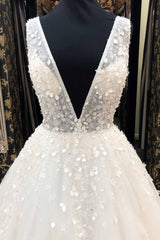Long A-Line Deep V Neck Tulle Wedding Dress