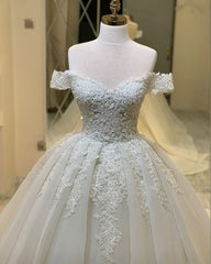 Long A-Line Sweetheart Off-the-Shoulder Appliques Lace Ruffles Wedding Dress