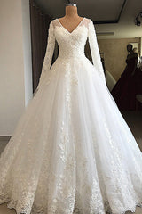 Long A-line V-neck Appliques Lace Tulle Wedding Dress with Sleeves