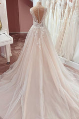 Long A-Line V-neck Wide Straps Appliques Lace Tulle Wedding Dress