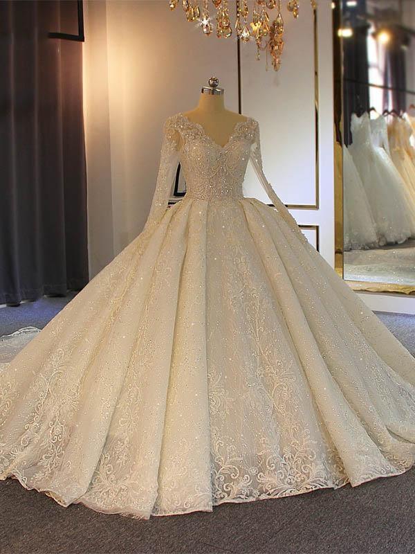 Long Ball Gown Lace-Up Sparkling V-Neck Wedding Dresses with Sleeves