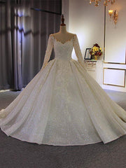 Long Ball Gown V Neck Sequins Wedding Dresses with Sleeves