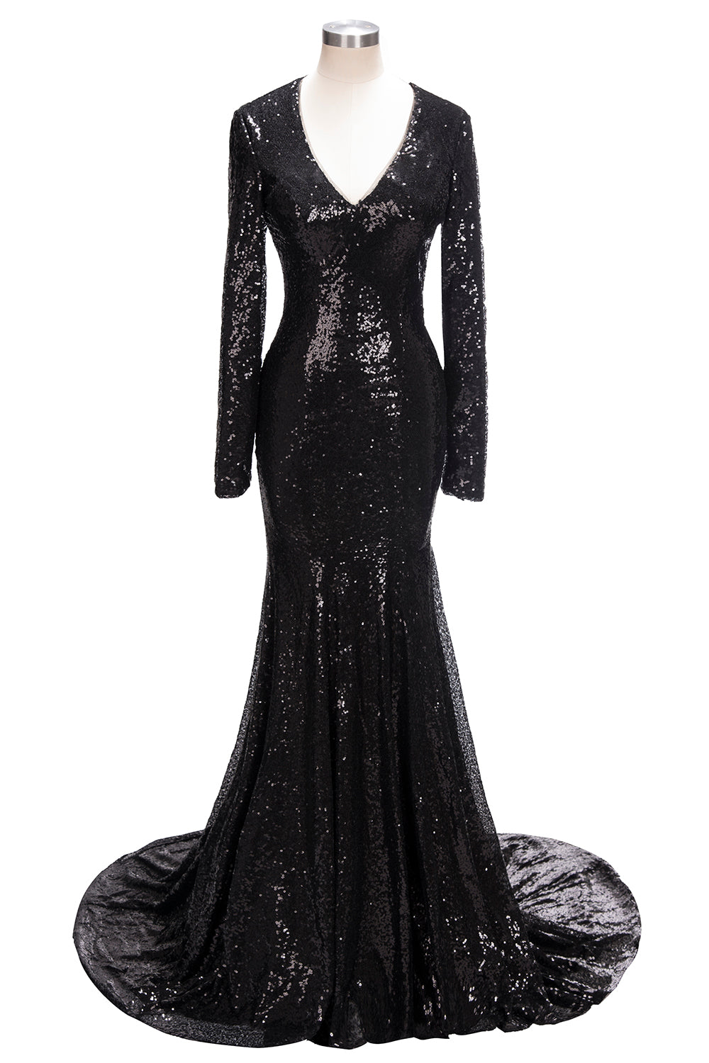 Long Mermaid V-Neck Black Sequins Prom Dresses with Sleeves