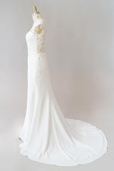 Long Sheath  Illusion Lace Wedding Dress with Cap Sleeve