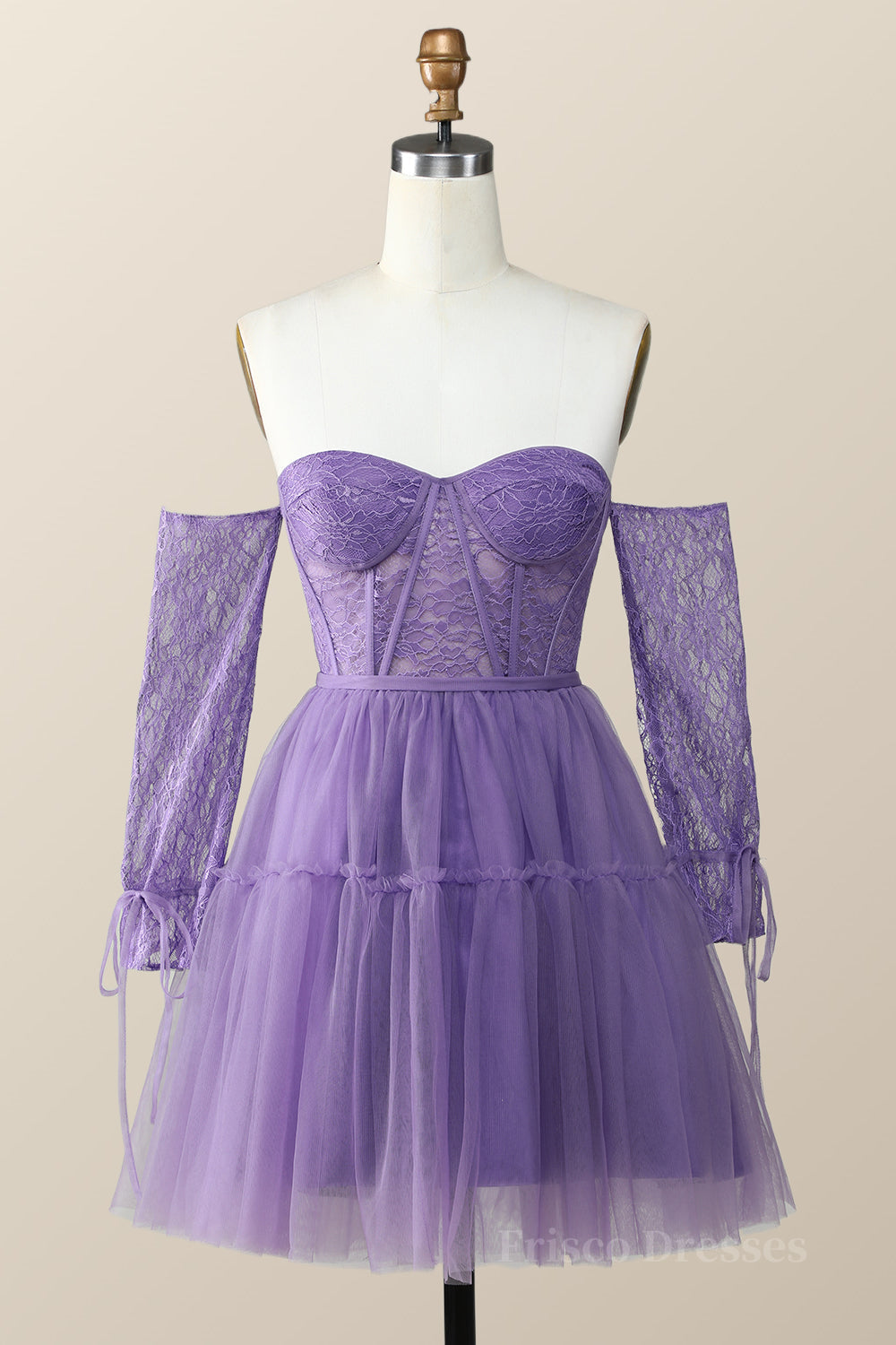 Long Sleeves Purple Lace and Tulle Short Homecoming Dress